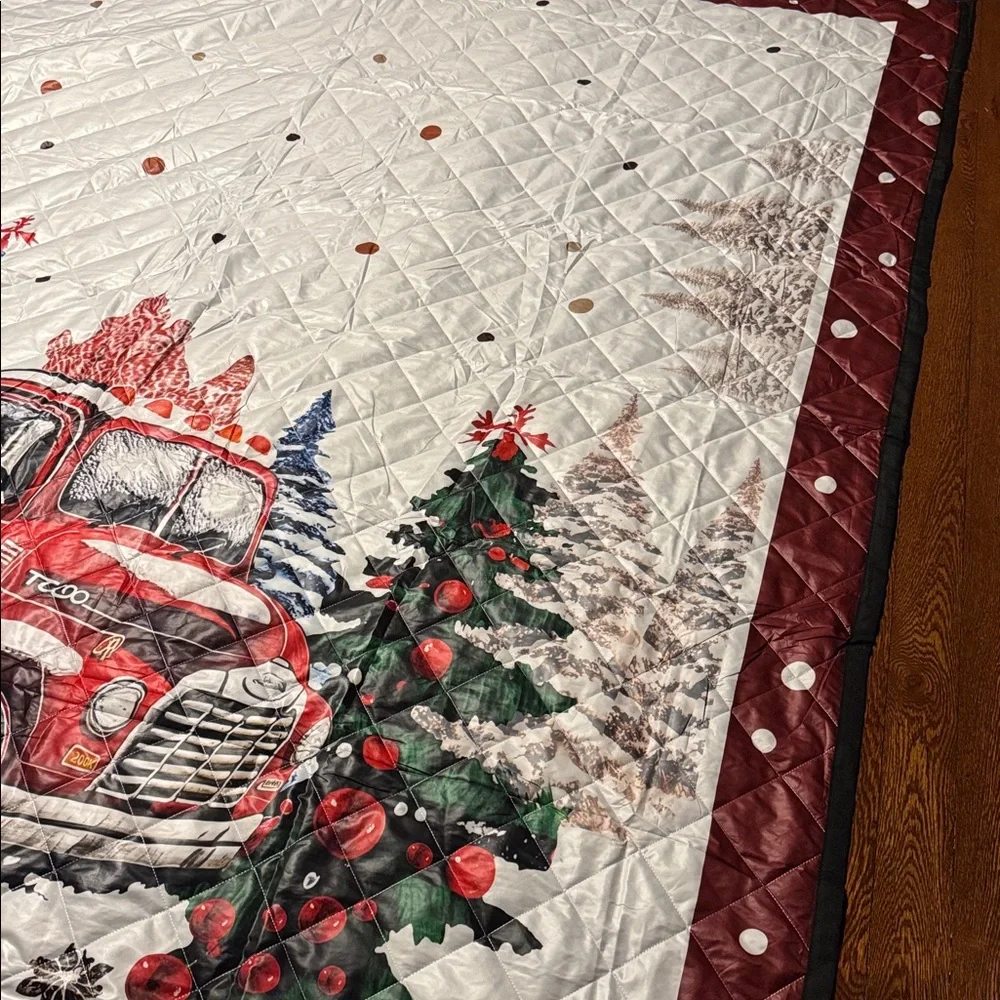 Quilted Christmas Blanket Red Truck Holiday Throw Large 91x102 Farmhouse Style